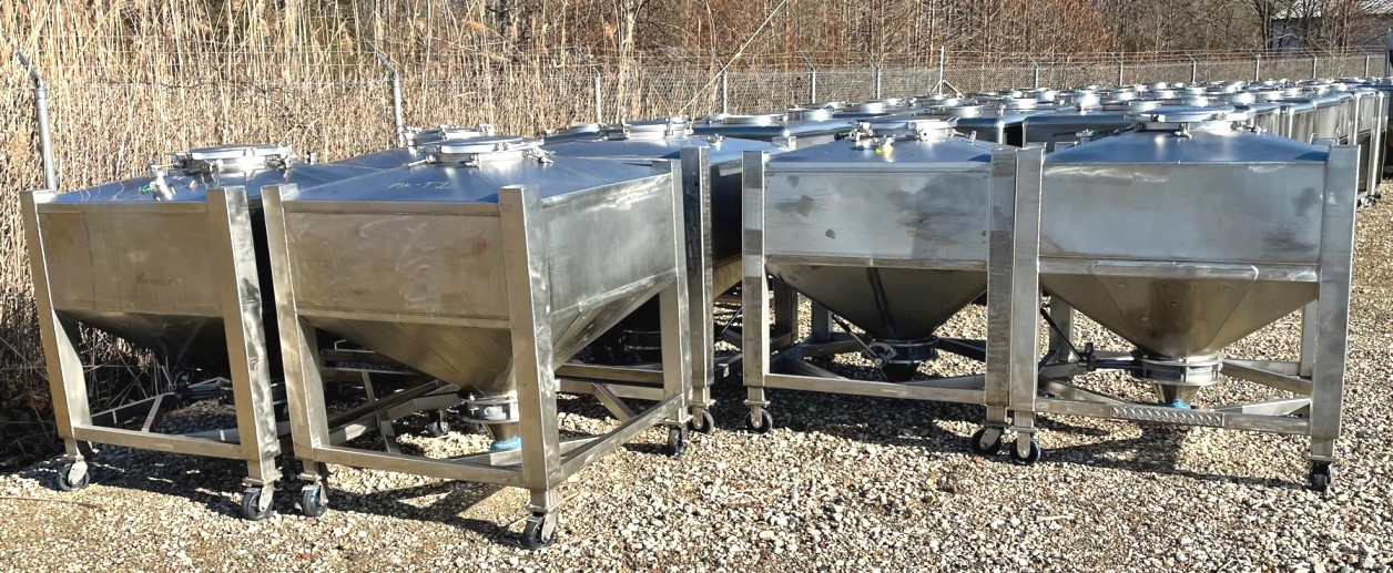 (6) used 36 Cu.Ft. Stainless Steel Portable Totes/Tanks on Wheels. 4' x 4' x 57